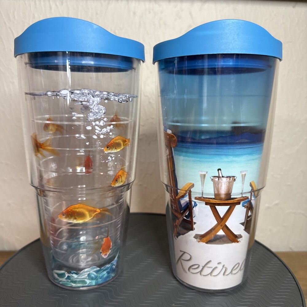 Tervis Tumbler Lot 2 Goldfish And Retire Beach 24oz USA Whimsy Ocean Insulated